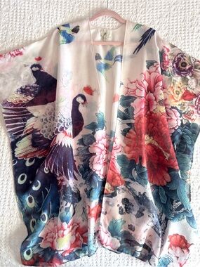 JC Sunny Peony Peacock 100% Cotton Kimono Floral Birds Cream Purple Womens OS